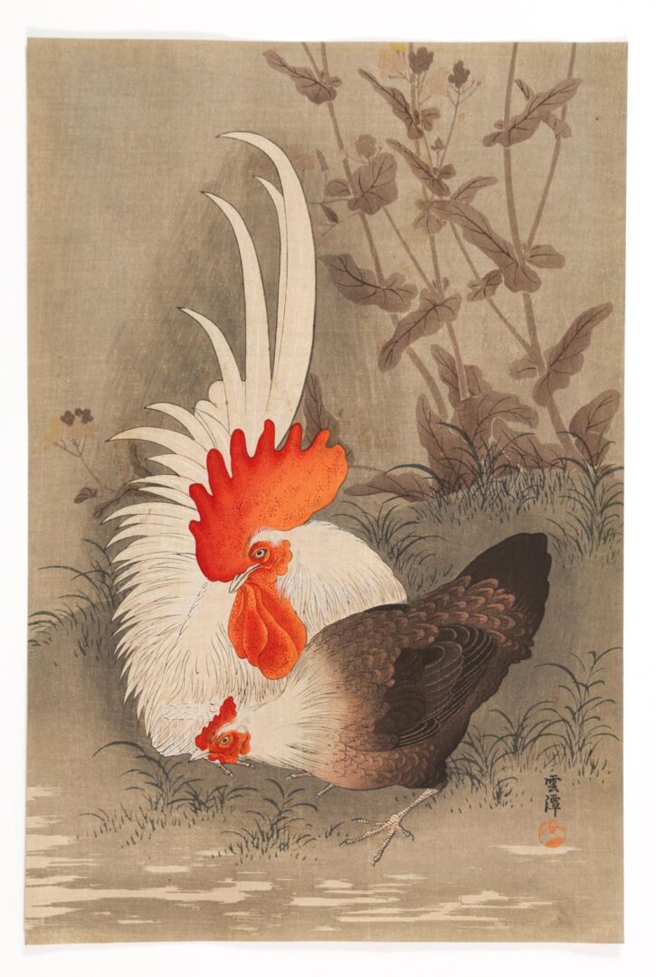 Ohara_Koson_1877-1945_Japanese_Woodblock_Print_Rooster_and_Hen345_1